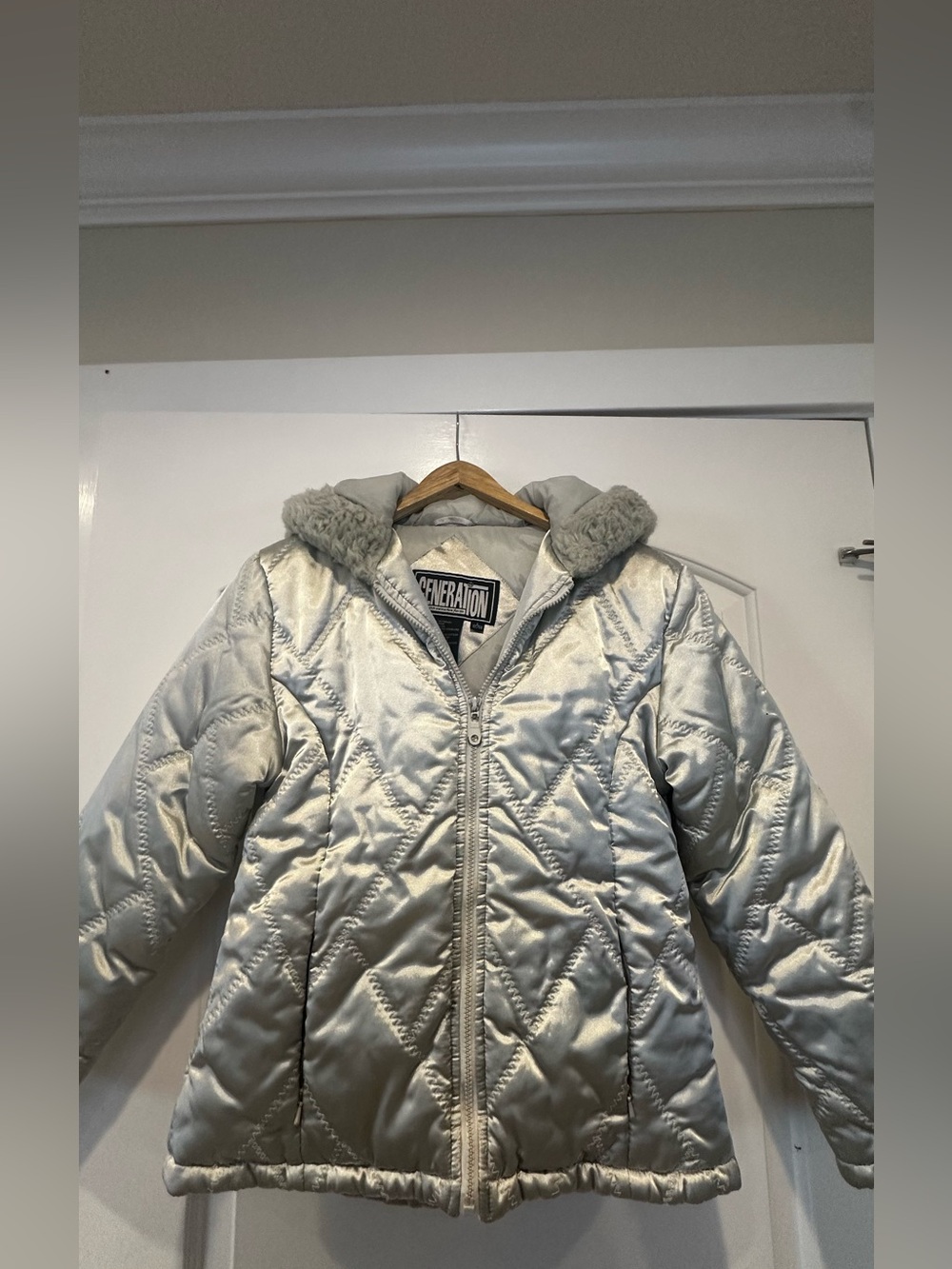 GENERATION Y Shimmery Silver Quilted Puffer with Faux Fur Trim